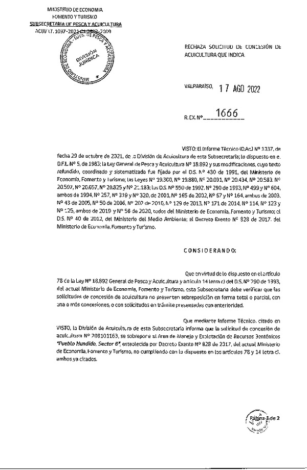 Res. Ex. N° 1666-2022 Rechaza solicitud de concesión de acuicultura que indica.