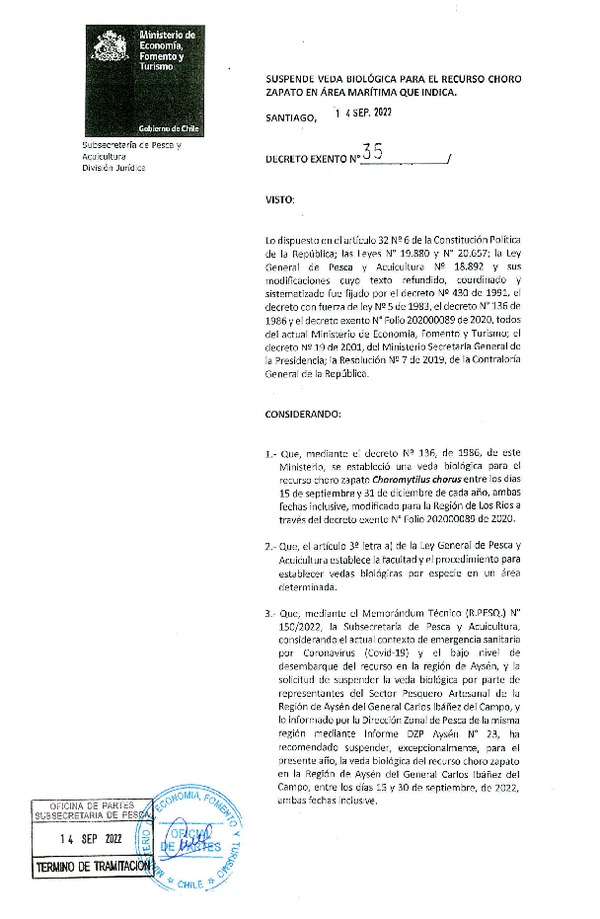 Dec. Ex. N° 35-2022 Suspende Veda Biológica para el Recurso Choro Zapato en la Región de Aysén, del General Carlos Ibáñez del Campo. (Publicado en Página Web 15-09-2022)
