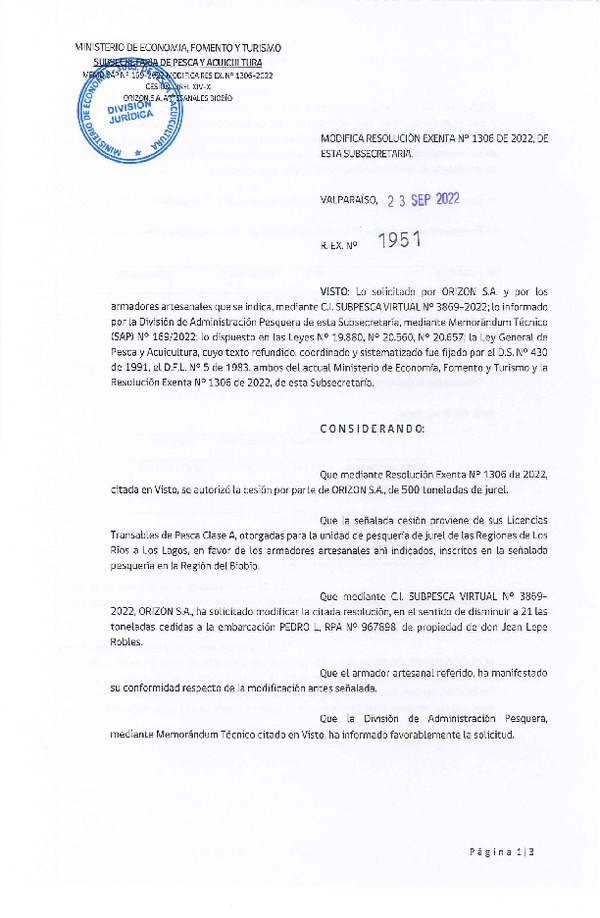 Res. Ex. N° 1951-2022 Modifica Res Ex N° 1306-2022, Autoriza Cesión de Jurel Regiones de Los Ríos a Los Lagos. (Publicado en Página Web 26-09-2022).
