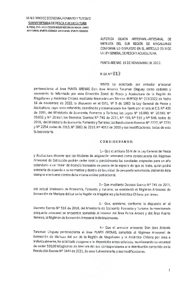 Res Ex. N° 013-2022 (DZP de Magallanes y La Antártica Chilena) Autoriza Cesión Merluza del sur. (Publicado en Página Web 17-11-2022)