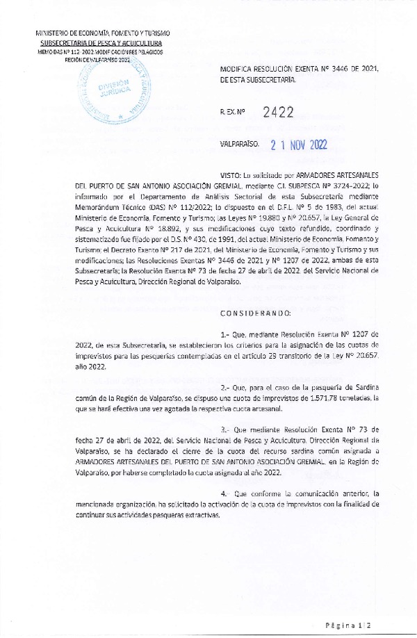 Res. Ex. N° 2422-2022 Modifica Res. Ex. N° 3446-2021 Distribución de la fracción artesanal de pesquerías de Anchoveta, Sardina Común y Jurel en la Región de Valparaíso, año 2022. (Publicado en Página Web 22-11-2022)