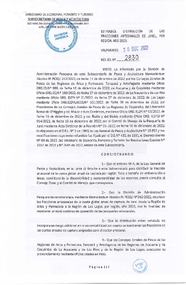 Res. Ex. N° 2830-2022 Establece Distribución de las Fracciones Artesanales de Jurel por Región, Año 2023. (Publicado en Página Web 03-01-2022)