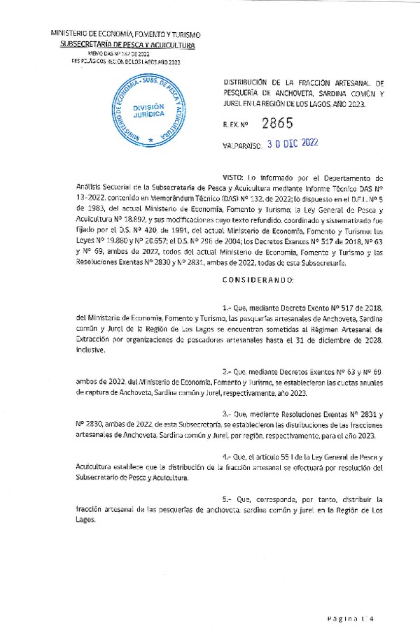 Res. Ex. N° 2865-2022 Distribución de la Fracción Artesanal de Pesquería de Anchoveta, Sardina común y Jurel, Región de Los Lagos, año 2023. (Publicado en Página Web 06-01-2023)