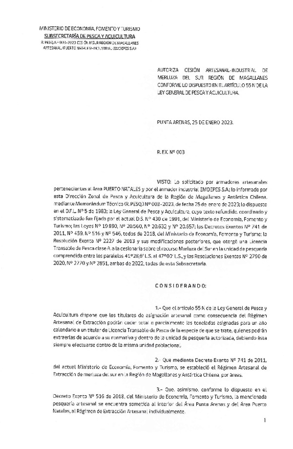 Res. Ex. N° 003-2023 (DZP Región de Magallanes) Autoriza cesión Merluza del Sur. (Publicado en Página Web 25-01-2023)