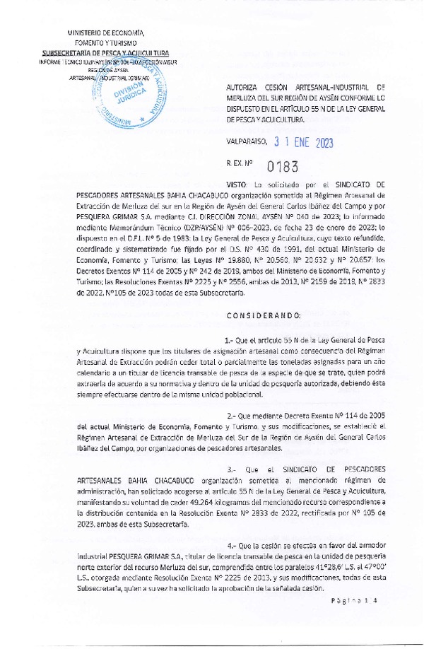 Res. Ex. N° 0183-2023 Autoriza Cesión de Merluza del Sur, Región de Aysén. (Publicado en Página Web 31-01-2023)