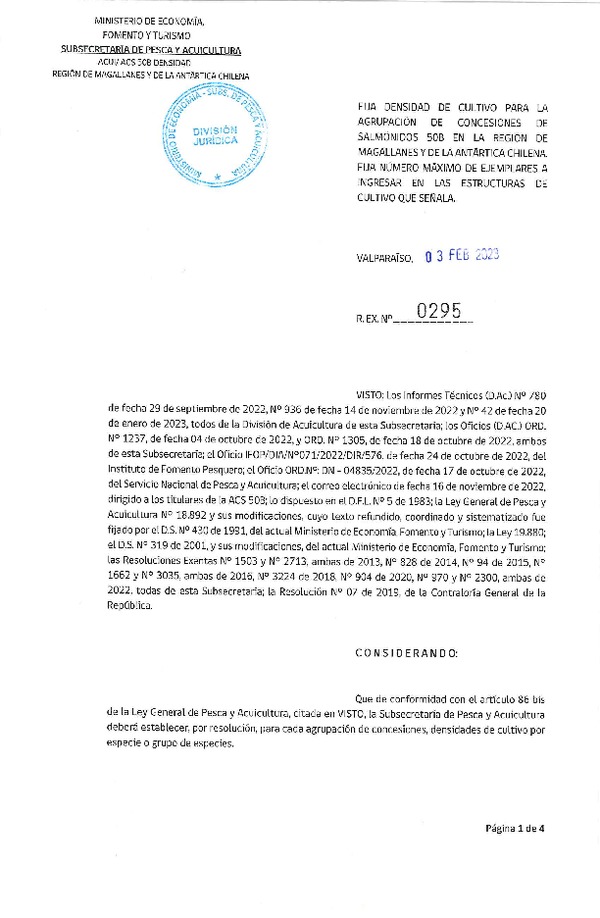 Res Ex N° 0295-2023 Fija Densidad de Cultivo (50B) region de Magallanes y de la Antártica Chilena (Publicado en Página Web 06-02-2023).