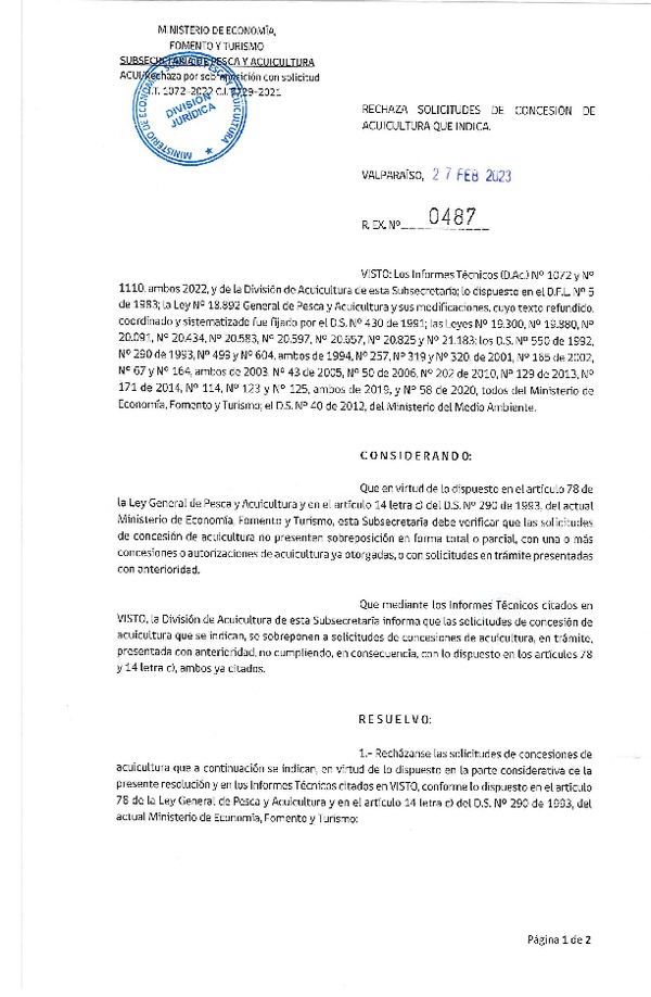Res. Ex N° 487-2023, Rechaza solicitud de Concesión de Acuicultura que indica. (Publicado en Página Web 28-02-2023).