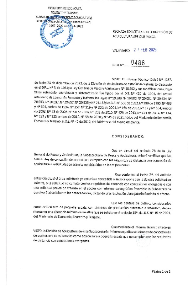 Res. Ex N° 488-2023, Rechaza solicitud de Concesión de Acuicultura que indica. (Publicado en Página Web 28-02-2023).