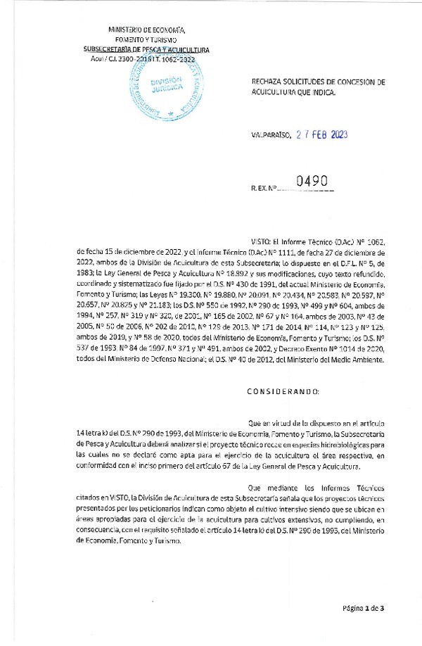 Res. Ex N° 490-2023, Rechaza solicitud de Concesión de Acuicultura que indica. (Publicado en Página Web 28-02-2023).