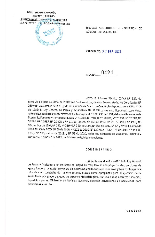 Res. Ex N° 491-2023, Rechaza solicitud de Concesión de Acuicultura que indica. (Publicado en Página Web 28-02-2023).