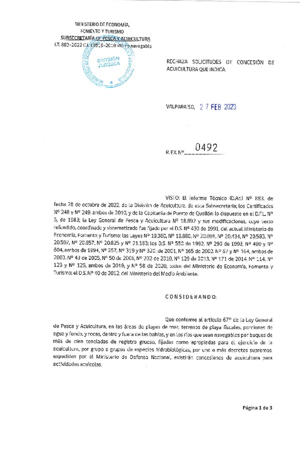 Res. Ex N° 492-2023, Rechaza solicitud de Concesión de Acuicultura que indica. (Publicado en Página Web 28-02-2023).