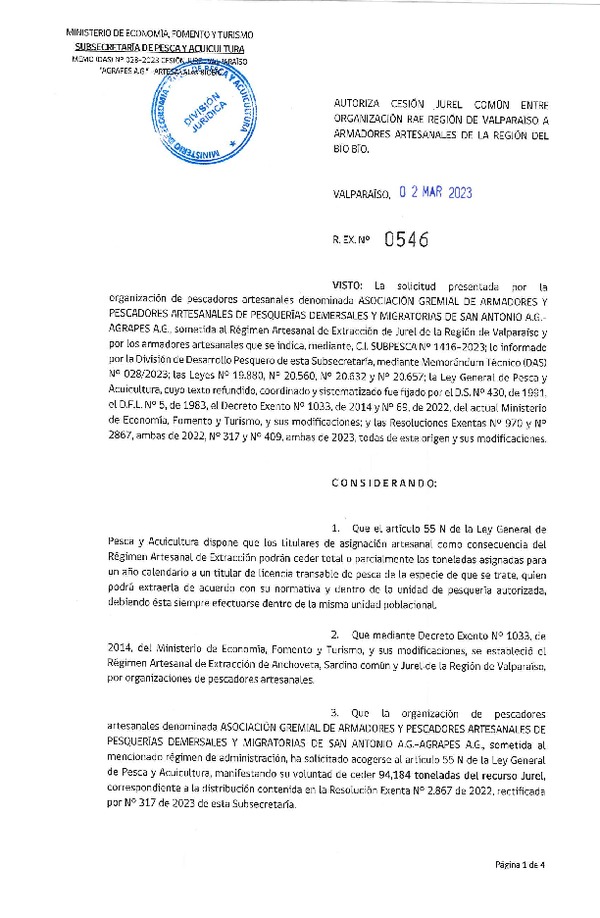 Res. Ex. N° 546-2023 Autoriza cesión Jurel Región de Valparaíso a Región del Biobío. (Publicado en Página Web 03-03-2023)