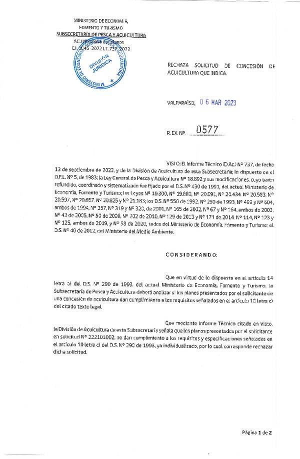 Res. Ex N° 0577-2023, Rechaza solicitud de Concesión de Acuicultura que indica. (Publicado en Página Web 07-03-2023)