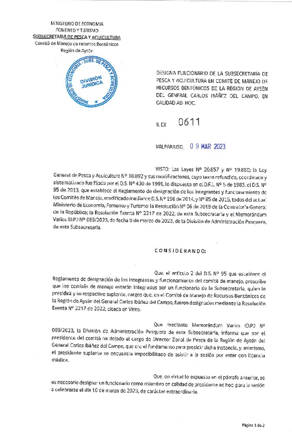 Res. Ex. N° 0611-2023 Designa Funcionarios de la Subsecretaría de Pesca y Acuicultura en Comités de Manejo de Recursos Bentónicos de la Región de Aysén. (Publicado en Página Web 10-03-2023)