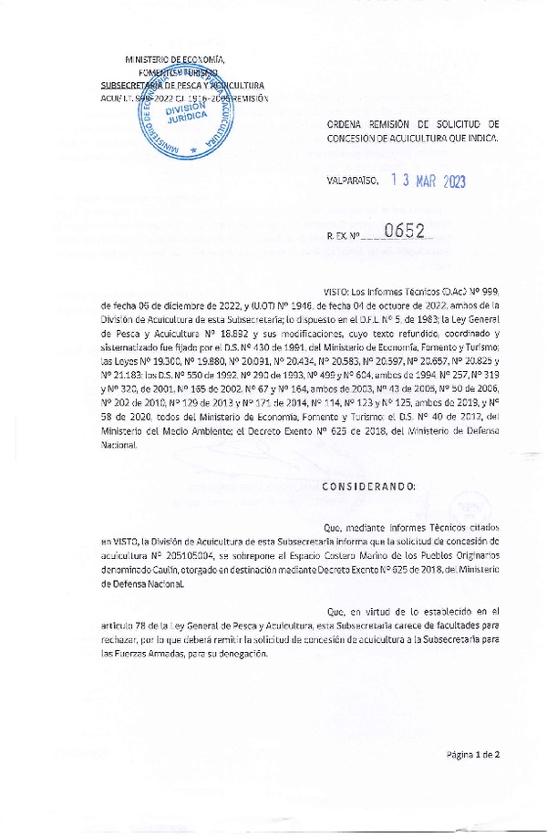 Res. Ex. N° 0652-2023 Ordena remisión de solicitud de concesión de acuicultura que indica.