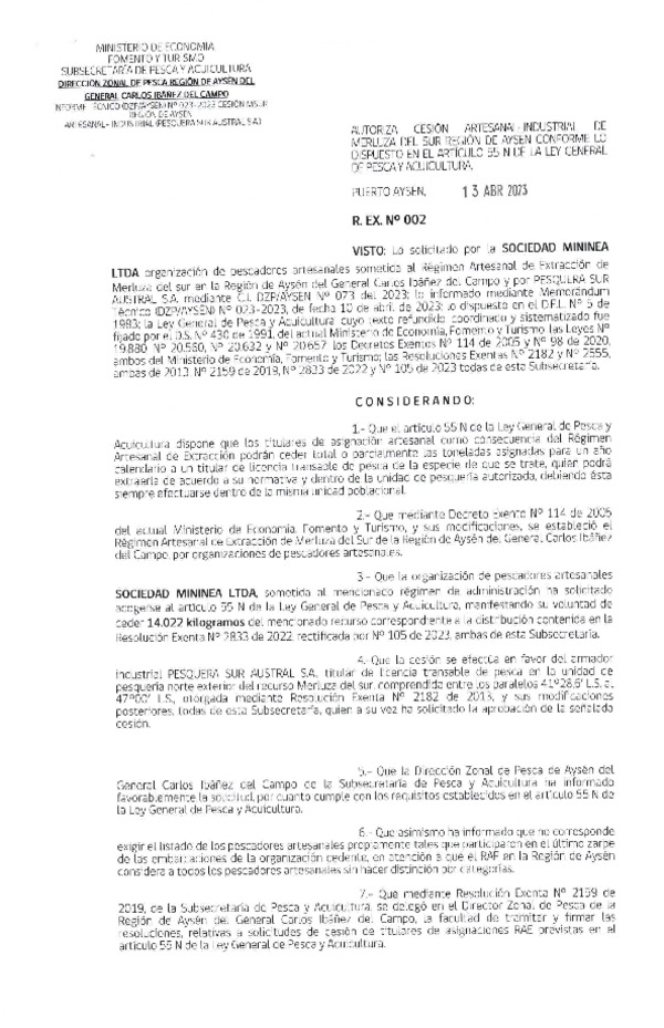 Res. Ex. N° 002-2023 (DZP Aysén) Autoriza cesión Merluza del Sur. (Publicado en Página Web 14-04-2023)