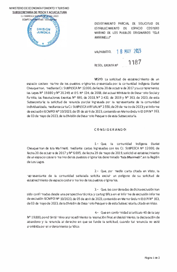 Res. Ex. N° 1187-2023 Desistimiento parcial de solicitud de establecimiento de ECMPO Isla Marimelli. (Publicado en Página Web 19-05-2023)