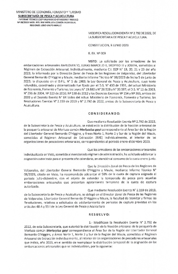 Res. Ex. N° 009-2023 (DZP Valparaíso-O'Higgins-Maule) Modifica Res. Ex. N° 2792-2022 Establece Distribución de la Fracción Artesanal de Merluza Común Individual, en Área que Indica, Año 2023. (Publicado en Página Web 09-06-2023)