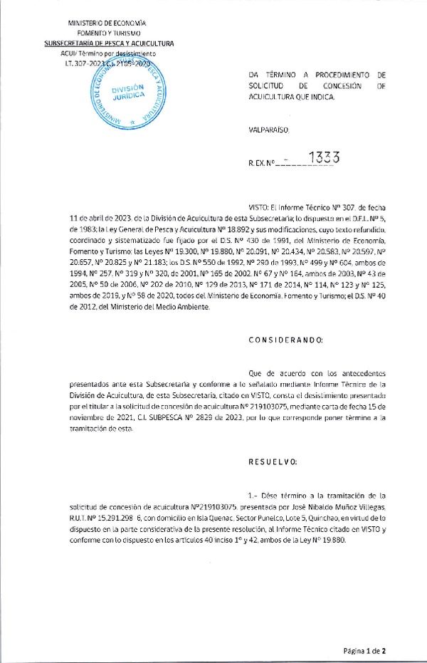 Res. Ex. N° 1333-2023 Da término a procedimientos de solicitud de concesión de acuicultura que indica.
