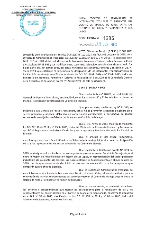 Res. Ex. N° 1385-2023 Inicia Proceso de Renovación de Miembros que Indica, del Comité de Manejo de Jurel entre las Regiones de Arica y Parinacota Los Lagos. (Publicado en Página Web 20-06-2023)