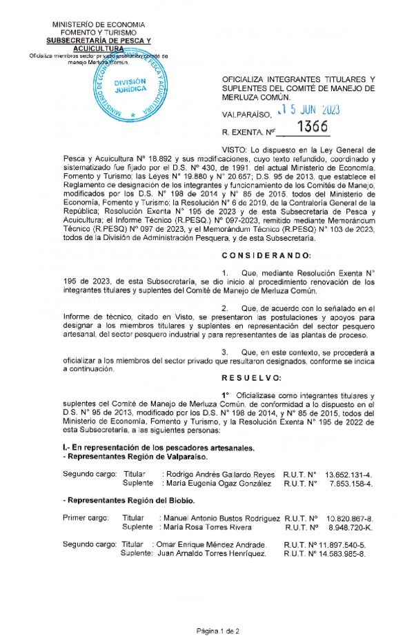 Res Ex. N° 1366-2023 Oficializa integrantes titulares y suplentes del comité de manejo de merluza común. (Publicado en Página Web 27-06-2023).