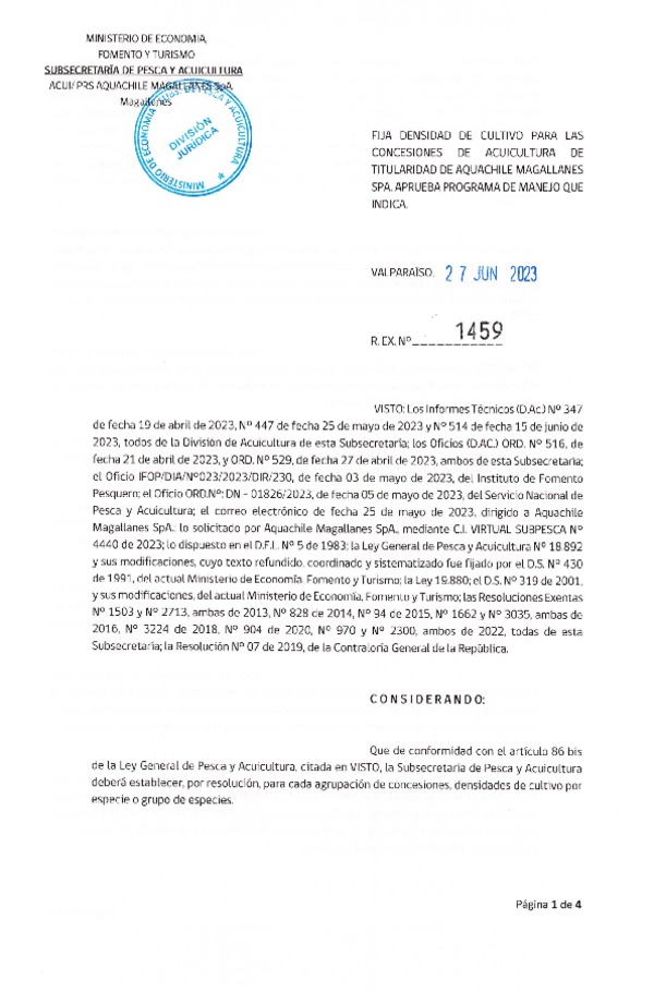 Res. Ex. N° 1459-2023 Fija densidad de cultivo para las concesiones de acuicultura de Aquachile Magallanes SpA. (Publicado en Página Web 29-06-2023)
