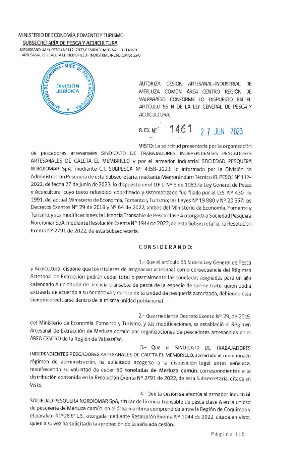 Res. Ex N° 1461-2023, Autoriza Cesión Merluza Común área Centro Región de Valparaíso. (Publicado en Página Web 29-06-2023).