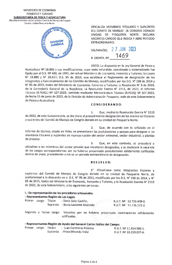 Res. Ex. N° 1469-2023 Oficializa Miembros Titulares y Suplentes del  Comité de Manejo de Congrio Dorado, Unidad de Pesquería Norte. (Publicado en Página Web 29-06-2023)