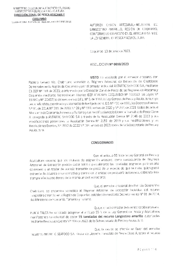 Res. Ex. N° 0010-2023 (DZP Atacama y Coquimbo) Autoriza Cesión de Langostino Amarillo, Región de Coquimbo. (Publicado en Página Web 13-07-2023)