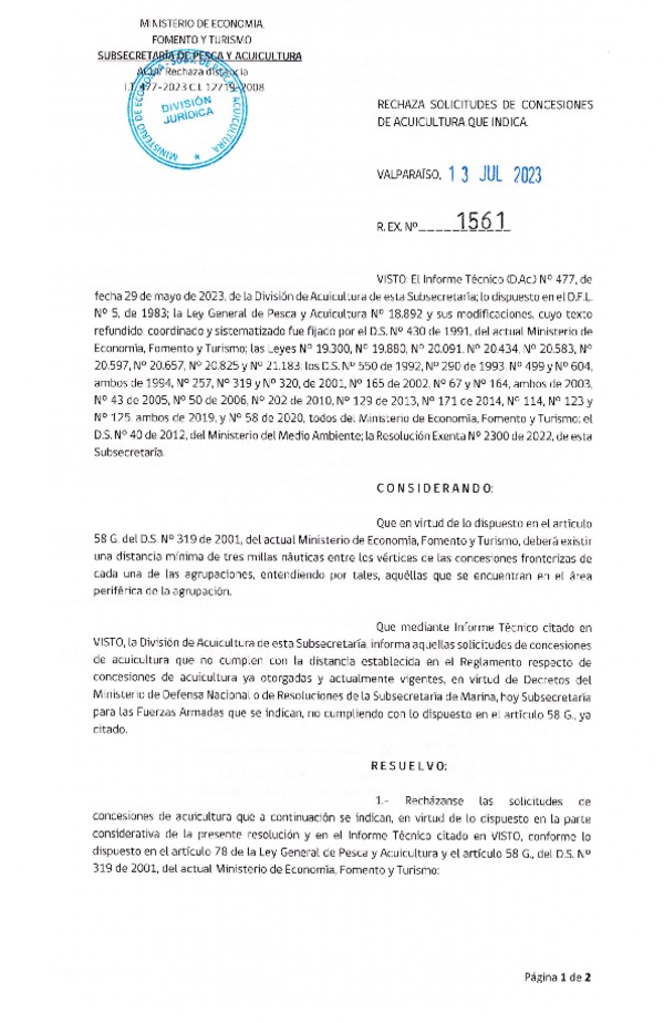 Res. Ex. N° 1561-2023 Rechaza solicitudes de concesiones de acuicultura que indica.