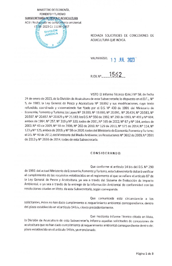 Res. Ex. N° 1562-2023 Rechaza solicitudes de concesiones de acuicultura que indica.
