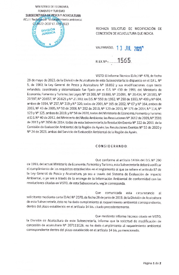 Res. Ex. N° 1565-2023 Rechaza solicitud de modificación de concesión de acuicultura que indica.