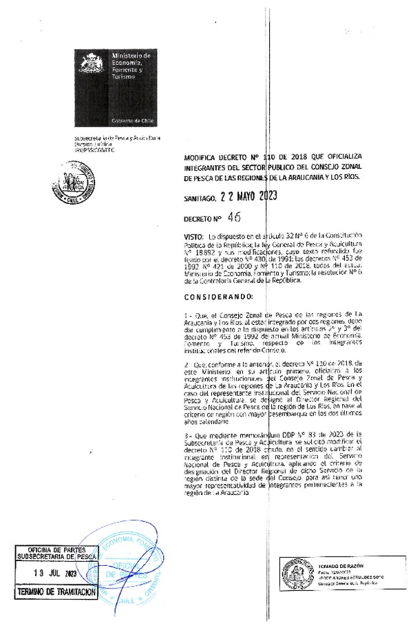 D.S. N° 46-2023 Modifica D.S. 110-2018 Oficializa Nominación de Miembros del Consejo Zonal de las Regiones de La Araucanía y Los Ríos. (Publicado en Página Web 13-07-2023)