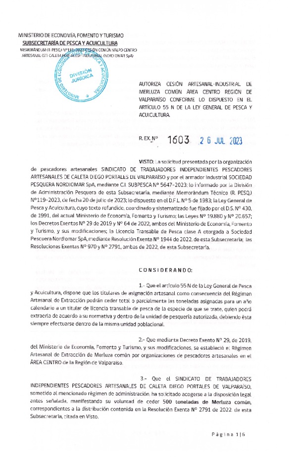  Res.Ex N° 1603-2023  Autoriza cesion artesanal-Industrial de Merluza Comun, area centro region de Valparaiso. (Publicado pagina Web 26-07-2023.)
