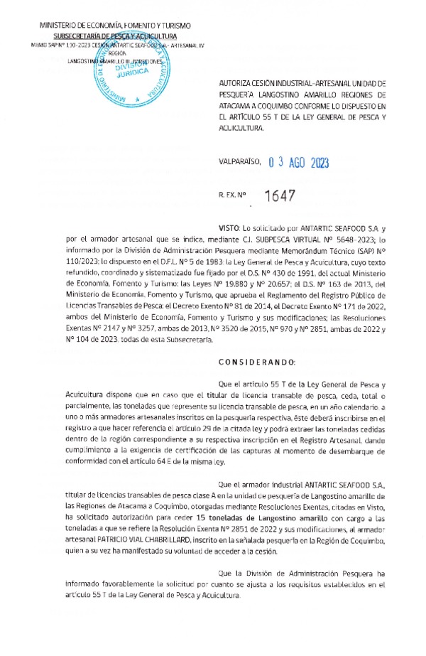Res. Ex. N° 1647-2023, Autoriza Cesión unidad de pesquería Langostino amarillo, Regiones de Atacama a Coquimbo. (Publicado en Página Web 03-08-2023)