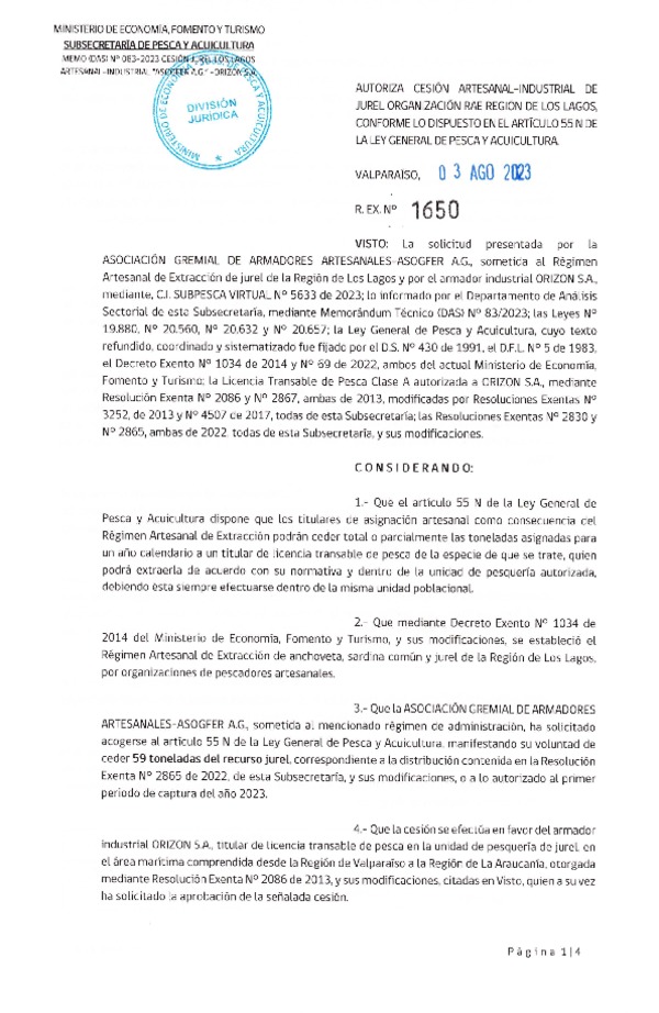 Res. N° 1650-2023 Autoriza Cesión de Jurel organización para RAE Región de Los Lagos, (Publicado en Pagina Web 03-08-2023).