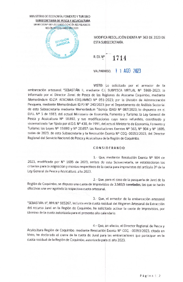 Res. Ex. N° 1714-2023 Modifica Res. Ex. N° 0563-2023 Distribución de la Fracción Artesanal de Pesquería de Anchoveta y Jurel, Región de Coquimbo, Año 2023. (Publicado en Página Web 11-08-2023)
