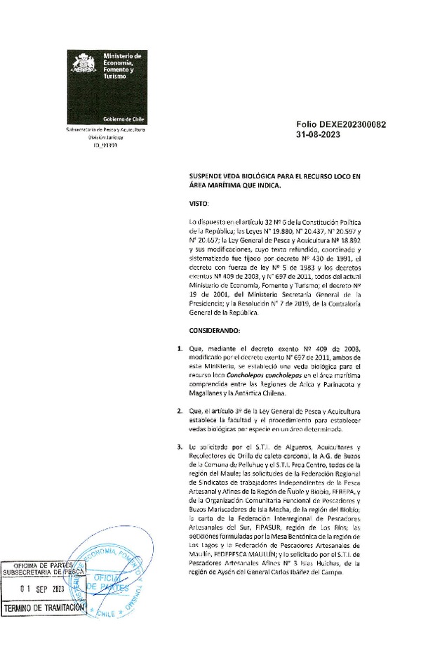 Dec. Ex. Folio N°202300082 Suspende Veda Biológica para el Recurso Loco, Entre las Regiones del Maule y de Aysén. (Publicado en Página Web 01-09-2023)