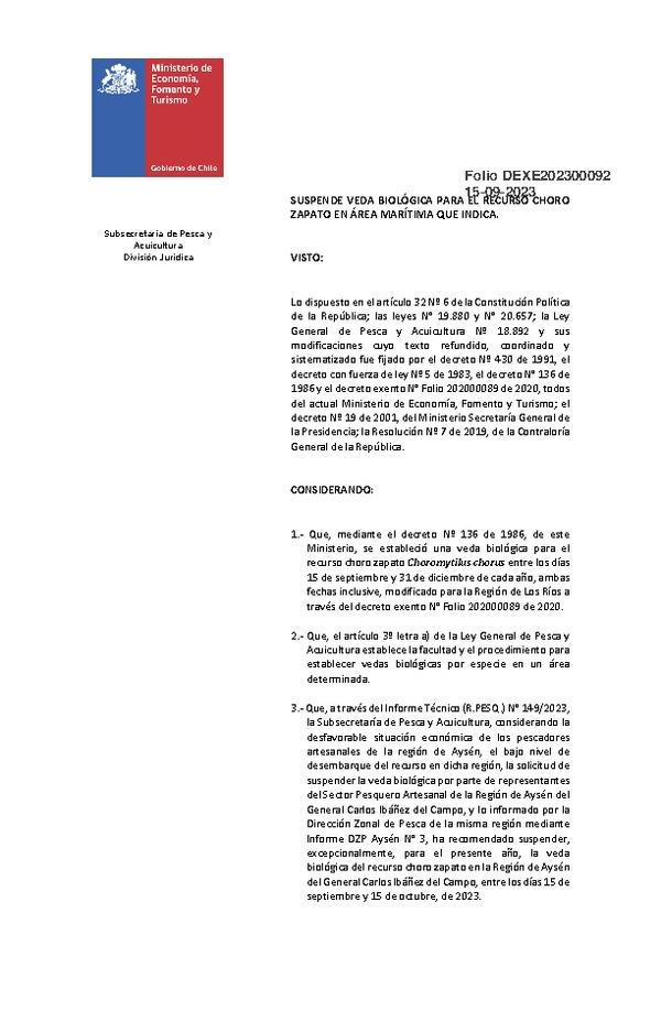 Dec. Ex. Folio N° 202300092 Suspende Veda Biológica para el Recurso Choro Zapato en la Región de Aysén, del General Carlos Ibáñez del Campo. (Publicado en Página Web 15-09-2023)