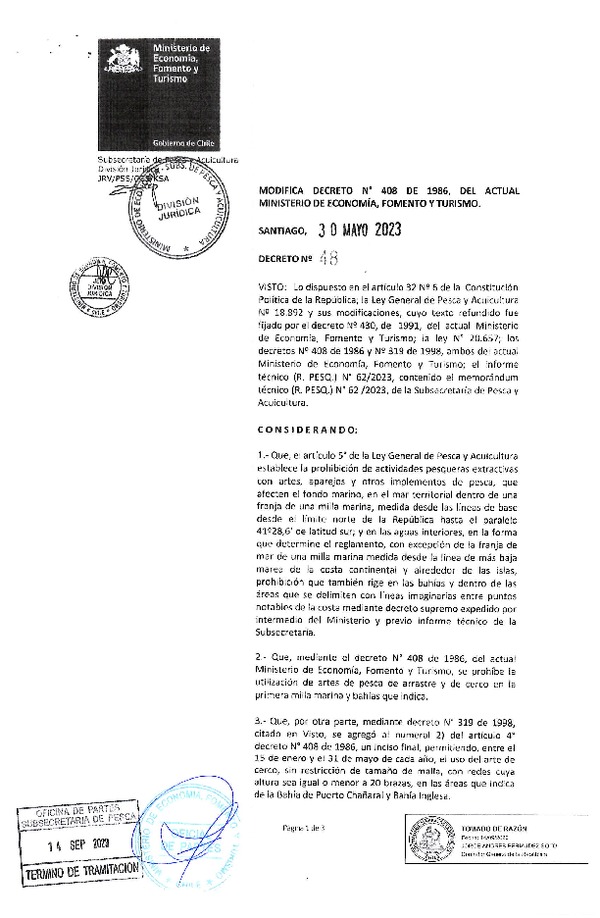 D.S. Nº 48-2023 Modifica D.S. Nº 408-1986 que Prohíbe el uso Artes de Pesca de Arrastre y de Cerco en las áreas que indica. (Publicado en Página Web 20-09-2023)