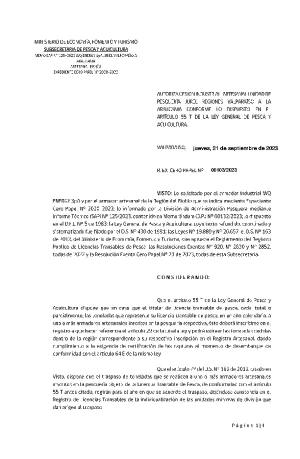 Res. Ex. N° 00103-2023 Autoriza Cesión de Jurel Regiones de Valparaíso a La Araucanía. (Publicado en Página Web 21-09-2023)