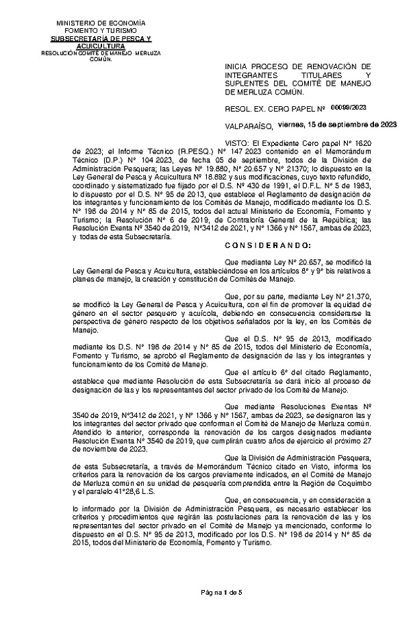 Res Ex. N° 00099-2023 Inicia proceso de renovación de integrantes titulares y suplentes del comité de manejo de merluza común. (Publicado en Página Web 22-09-2023) (F.D.O. 28-09-2023)