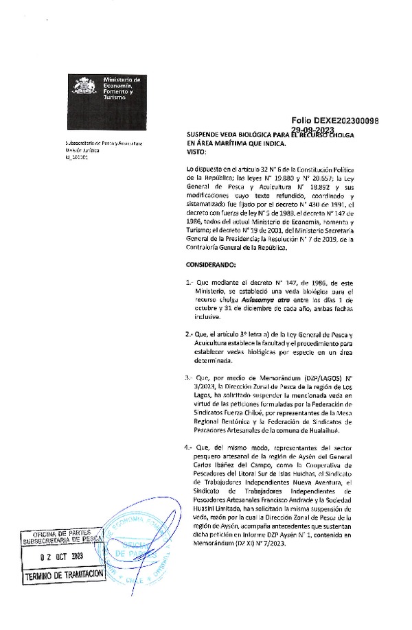 Dec. Ex. Folio 202300098 Suspende Veda Biológica para el Recurso Cholga, Regiones de Los Lagos y Aysén. (Publicado en Página Web 02-10-2023)