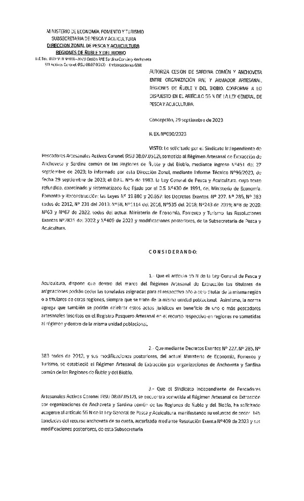 Res. Ex. N° 90-2023 (DZP Ñuble-Biobío) Autoriza cesión Sardina común y anchoveta. (Publicado en Pagina Web 25-09-2023).