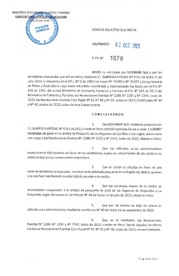 Res. Ex. N° 1878-2023 Deniega solicitud que indica. (Publicado en Página Web 04-10-2023)