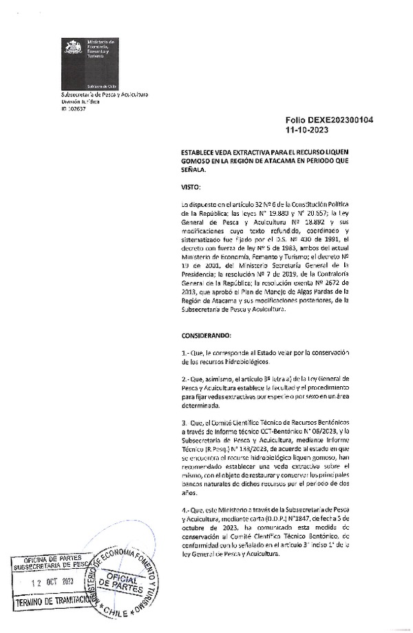 Dec. Ex. Folio N° 202300104 Establece Veda Extractiva para el Recurso Liquen Gomoso, Regiones de Atacama. (Publicado en Página Web 12-10-2023) (F.D.O. 17-10-2023)