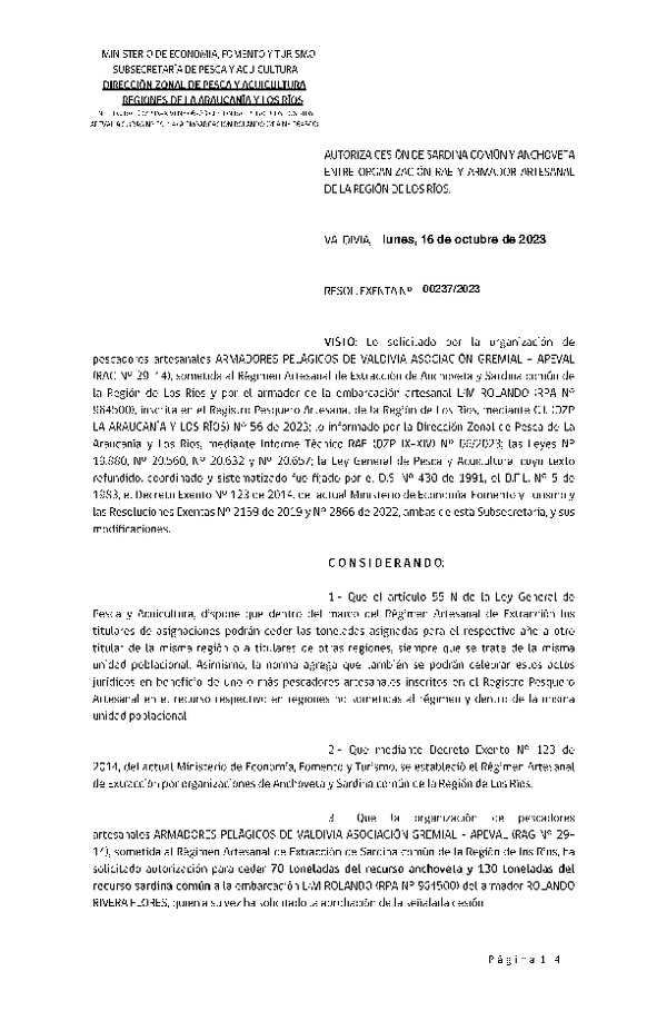 Res. Ex. CERO PAPEL N° 00237-2023 (DZP La Araucanía y Los ríos) Autoriza cesión Sardina común y Anchoveta, Región de Los Ríos. (Publicado en Página Web 17-10-2023)