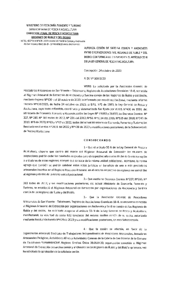 Res. Ex. N° 100-2023 (DZP Ñuble-Biobío) Autoriza cesión Sardina común y anchoveta. (Publicado en Pagina Web 25-10-2023).
