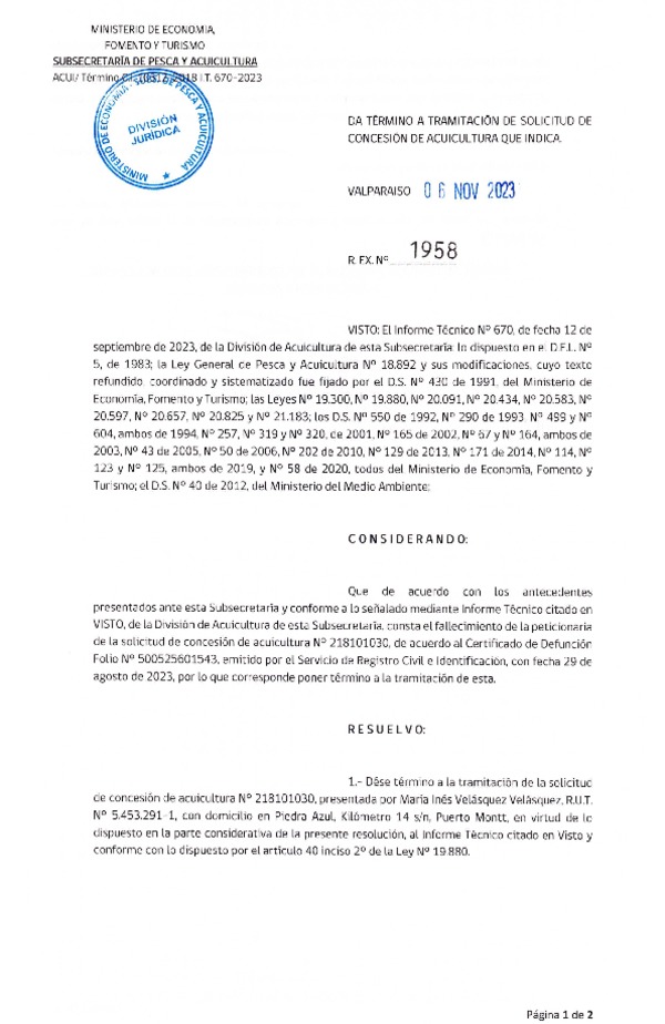 Res. Ex. N° 1958-2023 Da termino a tramitación a solicitud de concesión de acuicultura que indica.