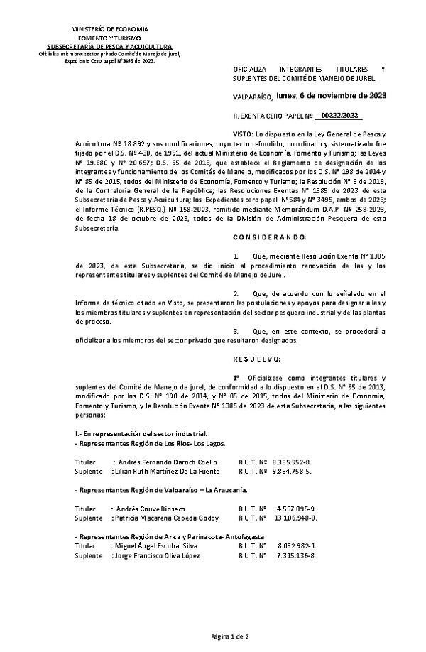 Res. Ex. CERO PAPEL N° 00322-2023 Oficializa Nominación Integrantes Titulares y Suplentes del Comité de Manejo de Jurel. (Publicado en Página Web 08-11-2023)